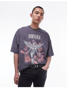 Topman - T-shirt super oversize nero slavato con stampa "Nirvana" con angelo