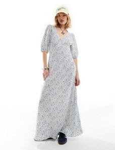 Glamorous - Vestito da giorno lungo bianco e blu a fiorellini con scollo a V