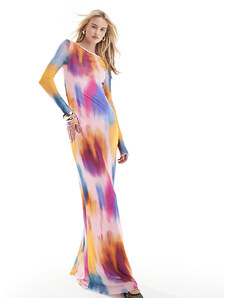 Vero Moda Tall - Vestito a maniche lunghe in rete con stampa multicolore sfocata