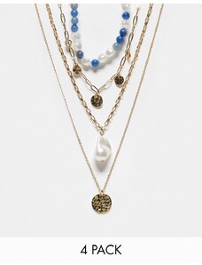 ASOS DESIGN - Confezione da 4 collane con perle sintetiche e pietre semipreziose blu-Multicolore