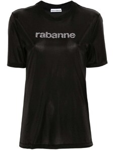 RABANNE T-shirt nera finitura lucida logo strass