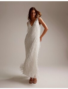 ASOS DESIGN - Vestito da sposa lungo senza maniche color avorio con scollo profondo, frange e perline-Bianco