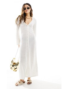 ASOS DESIGN - Vestito lungo svasato a maniche lunghe color crema con bottoni sul davanti-Bianco