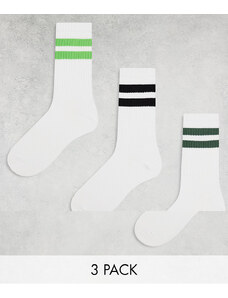 Weekday - Confezione da 3 paia di calzini sportivi bianchi con righe nere e verdi-Bianco