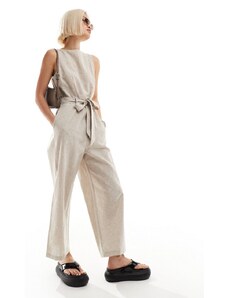 Monki - Tuta jumpsuit senza maniche beige in lino con cintura annodata-Neutro