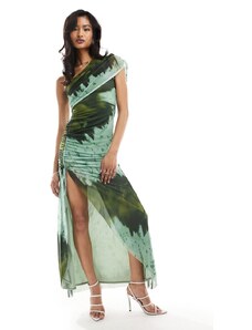 ASOS DESIGN - Vestito lungo monospalla verde con stampa di foglie e coulisse-Multicolore