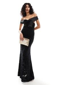 ASOS DESIGN - Vestito lungo nero in pizzo con scollo alla Bardot