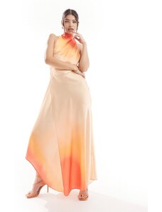ASOS DESIGN - Vestito lungo accollato in raso arancione con stampa sfumata e schiena scoperta-Multicolore