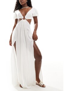 ASOS DESIGN - Vestito da spiaggia lungo con maniche a sbuffo bianco con cut-out e dettaglio ad anello