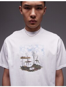 Topman - T-shirt oversize premium bianca con stampa di bosco stilizzata-Bianco