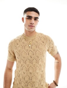 ASOS DESIGN - T-shirt girocollo aderente in maglia marrone traforata con cuciture
