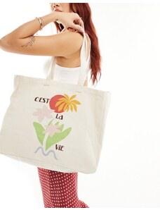 ASOS DESIGN - Borsa shopping in tela con stampa multicolore “C'est la vie”