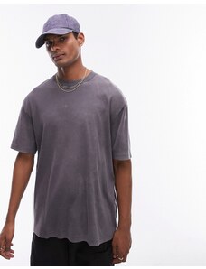 Topman - T-shirt oversize nera slavata a coste-Nero