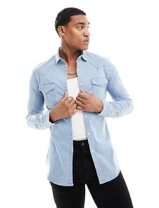 ASOS DESIGN - Camicia di jeans skinny lavaggio blu chiaro stile western