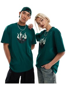adidas Originals - T-shirt verde unisex con logo del trifoglio in fiamme