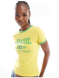 Noisy May - T-shirt gialla da stile football con stampa del Brasile-Blu