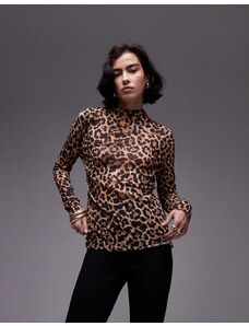 Topshop - Top a maniche lunghe stropicciato marrone leopardato
