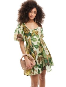 ASOS DESIGN - Vestito corto con maniche a sbuffo e scollo quadrato verde a fiori con inserto in pizzo-Multicolore