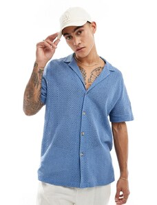 ASOS DESIGN - Camicia a maniche corte in cotone blu polvere vestibilità comoda con rever profondo e intreccio a cesto