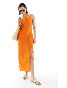 ASOS DESIGN - Vestito prendisole midi monospalla in lino arancione bruciato con spallina con cut-out-Multicolore