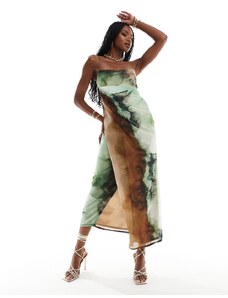 ASOS DESIGN - Vestito midi a fascia in rete con gonna drappeggiata e stampa effetto marmo tono su tono-Multicolore