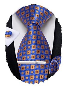 DiBanGu Set di cravatte da uomo in seta, a righe, con fazzoletto, gemelli quadrati e fermacravatta, per feste di matrimonio, Blu Marrone Designer, Taglia unica