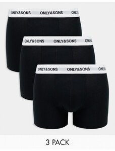 Only & Sons - Confezione da 3 boxer aderenti neri con fascia bianca in vita con logo-Nero
