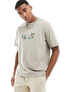 Abercrombie & Fitch - T-shirt pesante beige con ricamo floreale sul petto e logo-Neutro