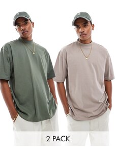 ASOS DESIGN - Confezione da 2 t-shirt oversize accollate marrone e verde-Multicolore