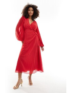ASOS DESIGN - Vestito lungo a portafoglio in chiffon plumetis a pieghe rosso con bottoni