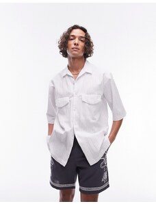 Topman - Camicia a maniche corte comoda bianca a righe con tasca doppia-Bianco