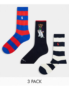 Polo Ralph Lauren - Confezione da 3 paia di calzini a righe rosse, blu e crema e con orsetto