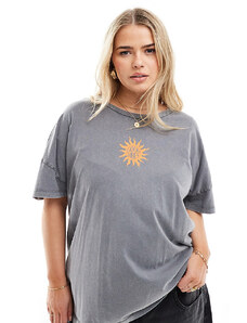 Noisy May Curve - T-shirt oversize grigio slavato con stampa "Good Vibes"