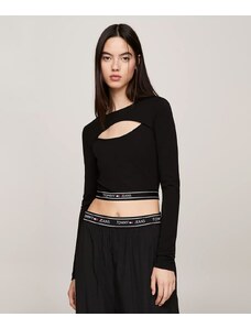 Tommy Jeans Top Crop con Cut Out e Nastro Logo Nero Donna