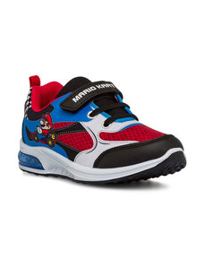 Sneakers primi passi blu, rosse e nere da bambino con luci nella suola e logo Super Mario