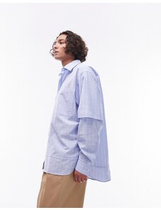 Topman - Camicia oversize a maniche lunghe con doppie maniche in cotone blu a righe