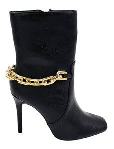 Malu Shoes Scarpe tronchetto punta donna con tacco alto sottile 12cm e plateau 1cm alla caviglia nero zip laterale con catena oro