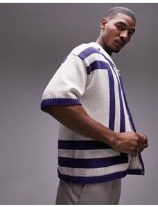 Topman - Camicia in maglia all'uncinetto bianca con bottoni e righe verticali-Bianco