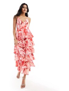 Pretty Lavish - Vestito con gonna al polpaccio a balze con volant rosa a fiori-Multicolore