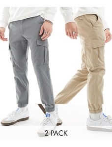 Jack & Jones - Confezione da 2 paia di pantaloni cargo beige e grigi con fondo elasticizzato-Grigio
