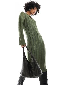 ASOS DESIGN - Vestito midi in maglia traforata color kaki-Verde