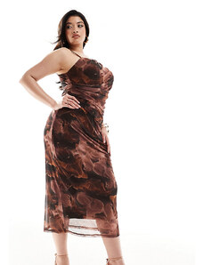 ASOS Curve ASOS DESIGN Curve - Vestito con spalline sottili in rete marrone con stampa astratta monospalla-Multicolore