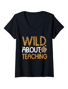 Wild Zoo Animal Teacher Teaching Tee Donna Wild Teacher Wild About Teaching Safari Stampa Animale Maglietta con Collo a V