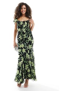 ASOS DESIGN - Vestito lungo asimmetrico con maniche con volant e scollo rotondo nero con stampa a fiori verde-Multicolore