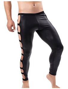QiaTi Pantaloni da uomo in similpelle, leggings con chiusura lampo, in pelle laccata, colore nero, X-nero, L