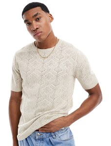 ASOS DESIGN - T-shirt girocollo in maglia all'uncinetto color pietra-Neutro