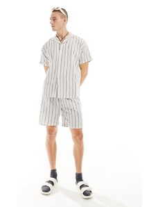 South Beach - Pantaloncini in misto lino bianchi e neri a righe-Bianco