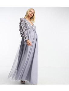 ASOS Maternity ASOS DESIGN Maternity - Vestito in tulle lilla decorato a portafoglio con gonna al polpaccio e dettagli floreali-Viola
