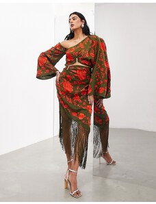 ASOS EDITION - Vestito midi con spalla scesa e maniche a kimono verde oliva con ricami e frange sul fondo