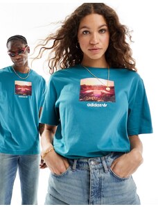 adidas Originals - T-shirt unisex blu con stampa di tramonto